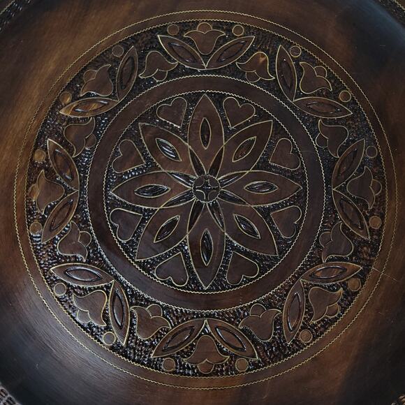 Vintage Polish Folklore Hand-Carved 11.75" Wooden Plate w/ Brass Wire Inlay Rare - Picture 3 of 9